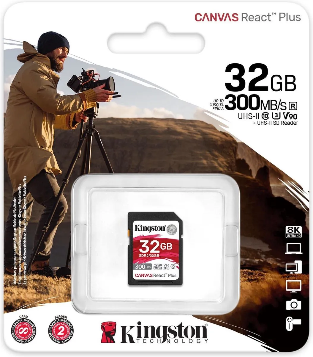 Kingston Canvas React Plus SDR2/32GB Geheugenkaart - 32GB UHS-II