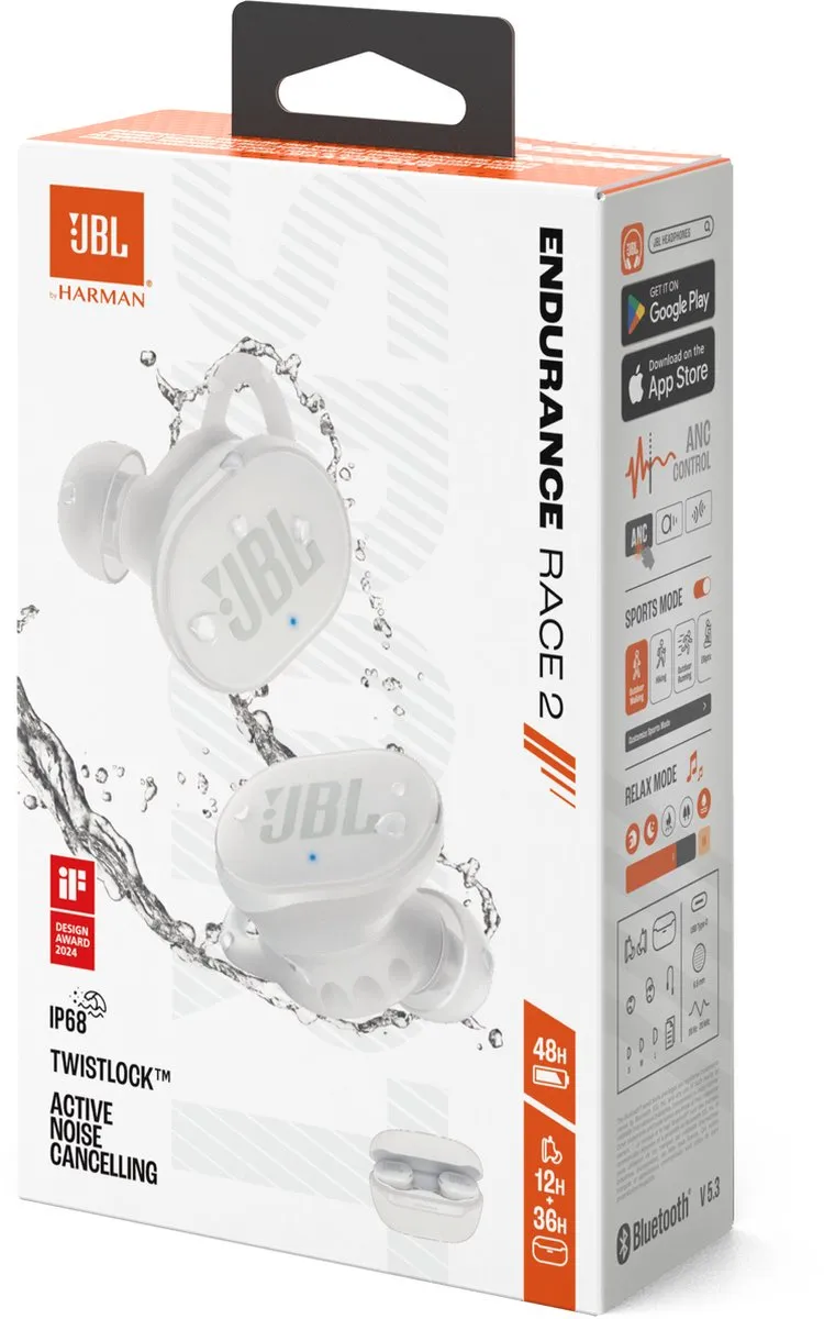 JBL Endurance Race 2 True Wireless Oordopjes - 48 uur - IP67 - Wit