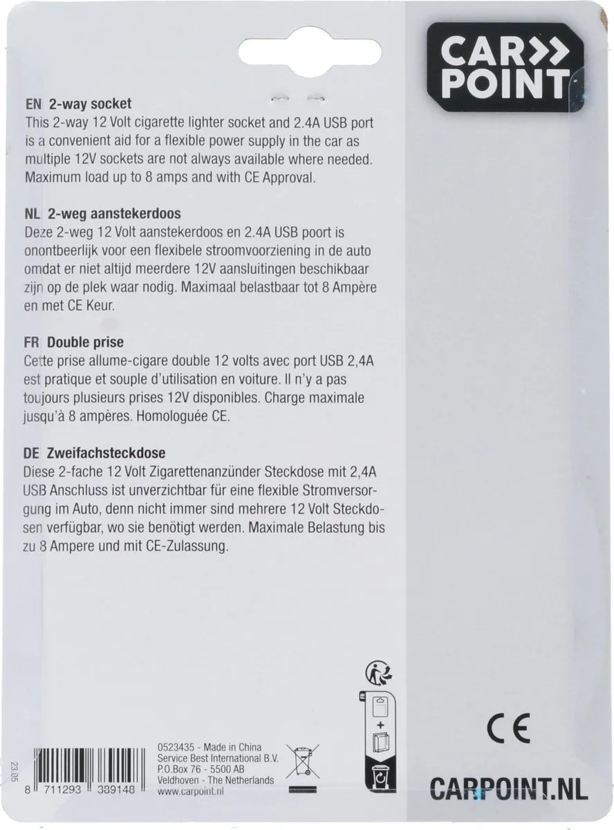 Carpoint 2-Weg Stekkerdoos 2x12V 1xUSB 2.4A - Zilver/Zwart - afbeelding 6 van 6