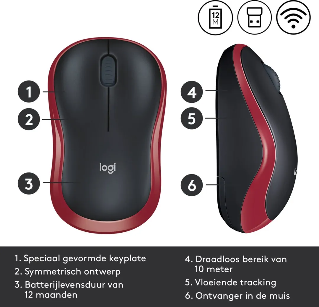 Logitech M185 Optische Muis - Rood/Zwart