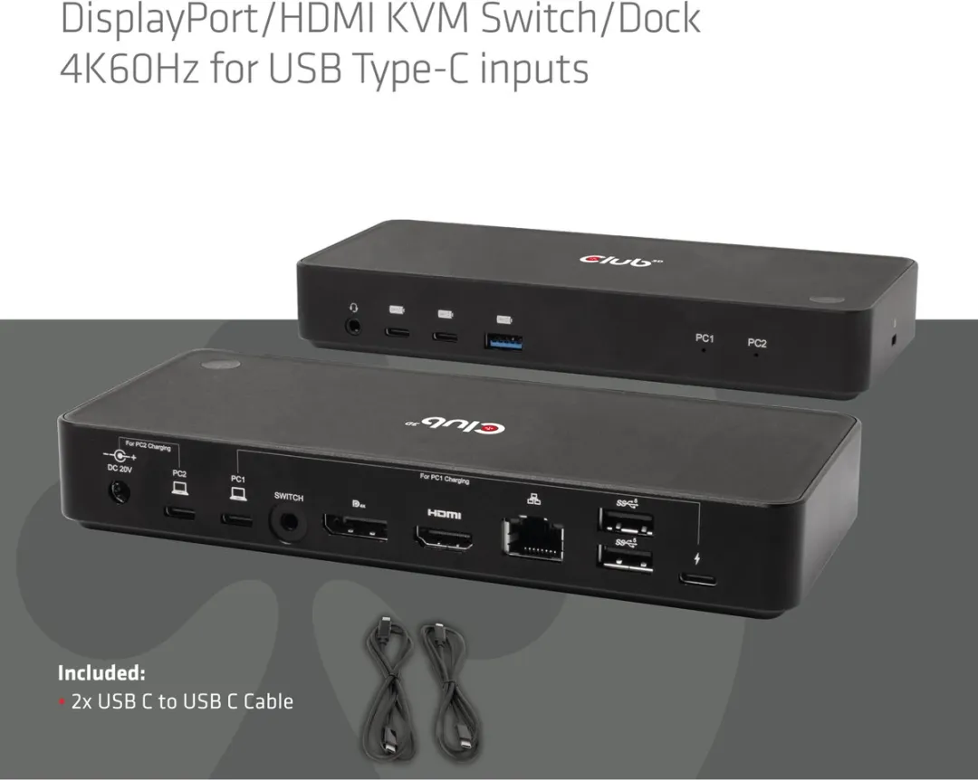 Club 3D DisplayPort/HDMI KVM Switch/Dock 4K60Hz Voor USB Type-C inputs