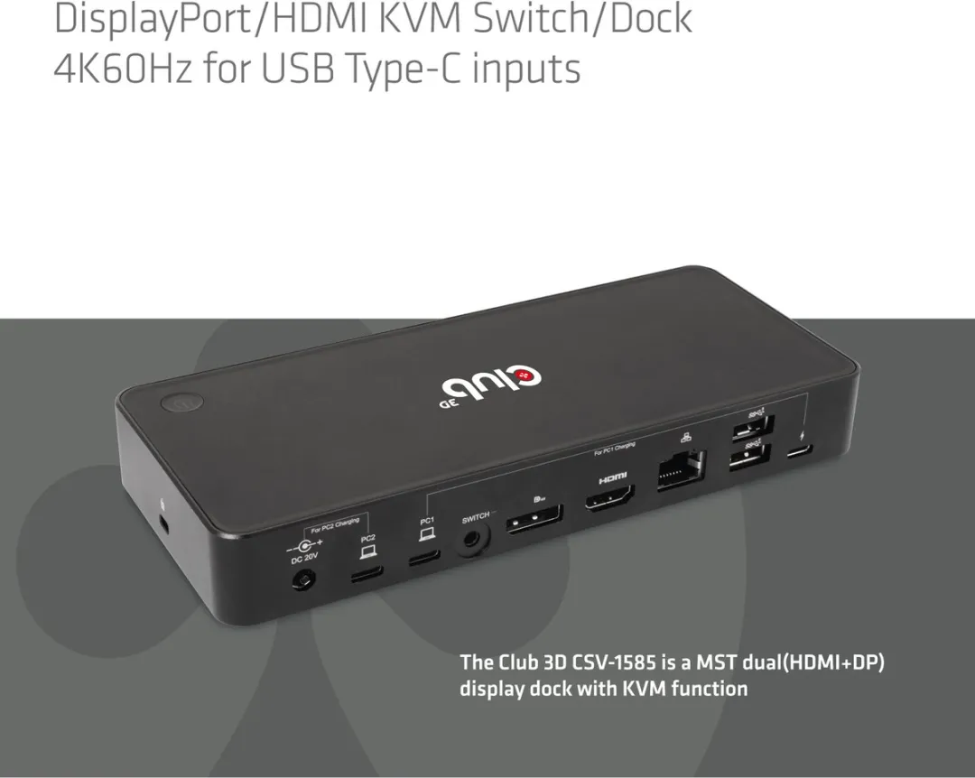 Club 3D DisplayPort/HDMI KVM Switch/Dock 4K60Hz Voor USB Type-C inputs