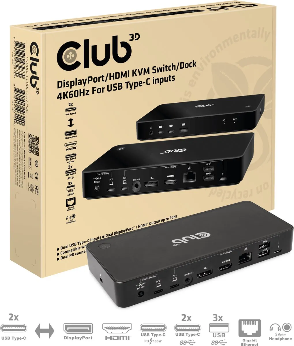 Club 3D DisplayPort/HDMI KVM Switch/Dock 4K60Hz Voor USB Type-C inputs