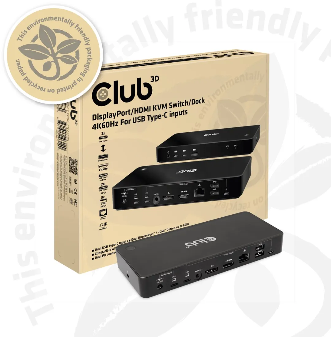 Club 3D DisplayPort/HDMI KVM Switch/Dock 4K60Hz Voor USB Type-C inputs