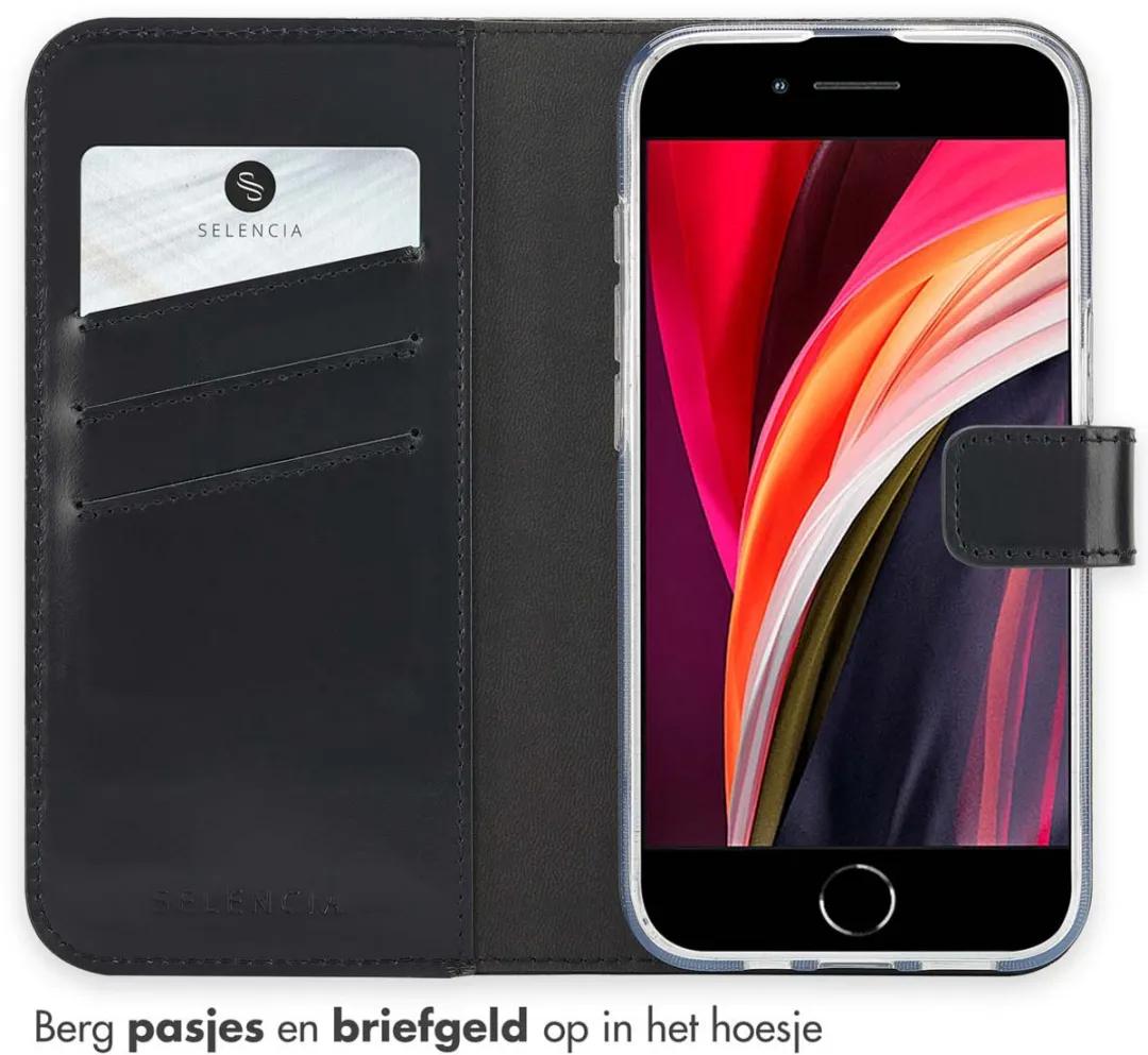 Selencia Hoesje iPhone 16e Echt Lederen Bookcase - 3 Pasjes - Zwart