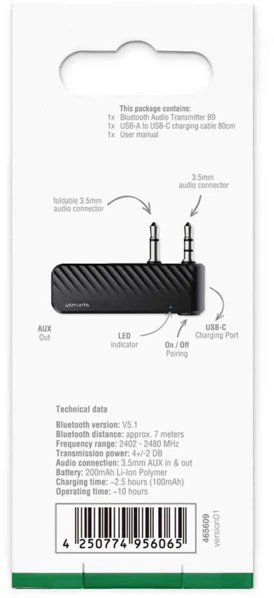 4Smarts B9 Bluetooth Audio Transmitter - Aux - Zwart