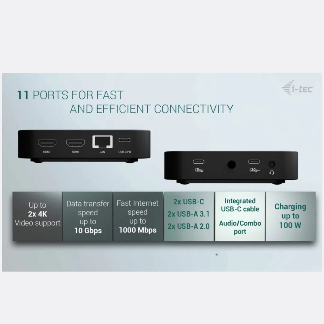 I-tec C31DUALHDMIDPD100 USB-C Docking Station - 2x HDMI 4x USB-A 2x USB-C 100W - Zwart