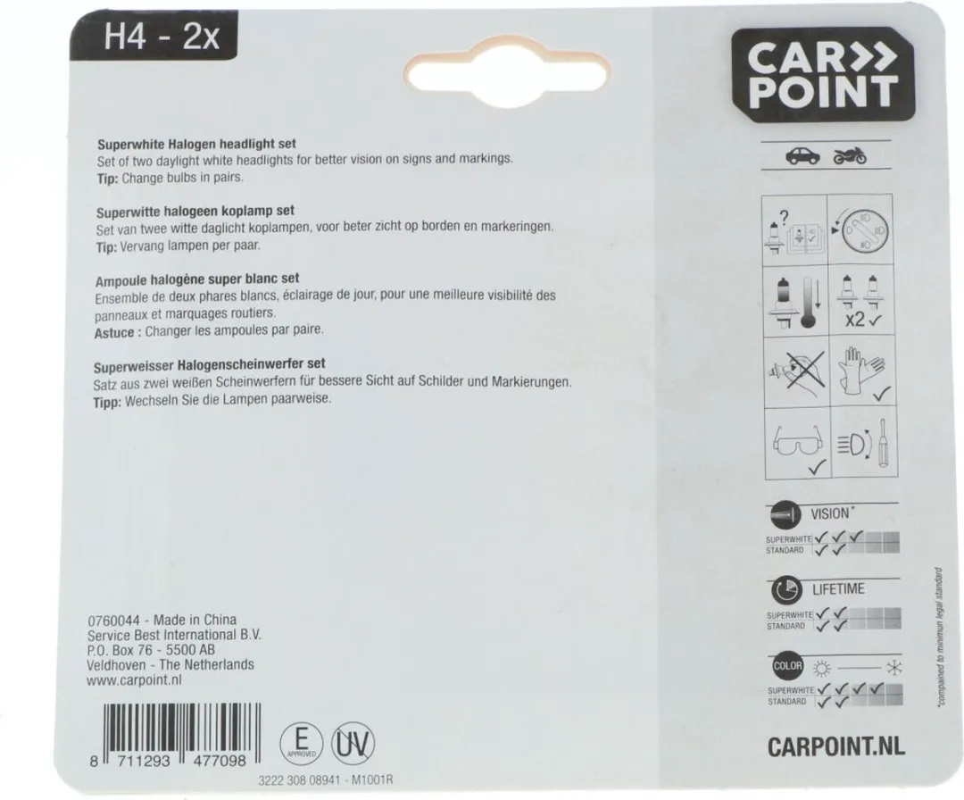 Carpoint Superwhite Halogeen H4 12V 60/55W - 2 Stuks