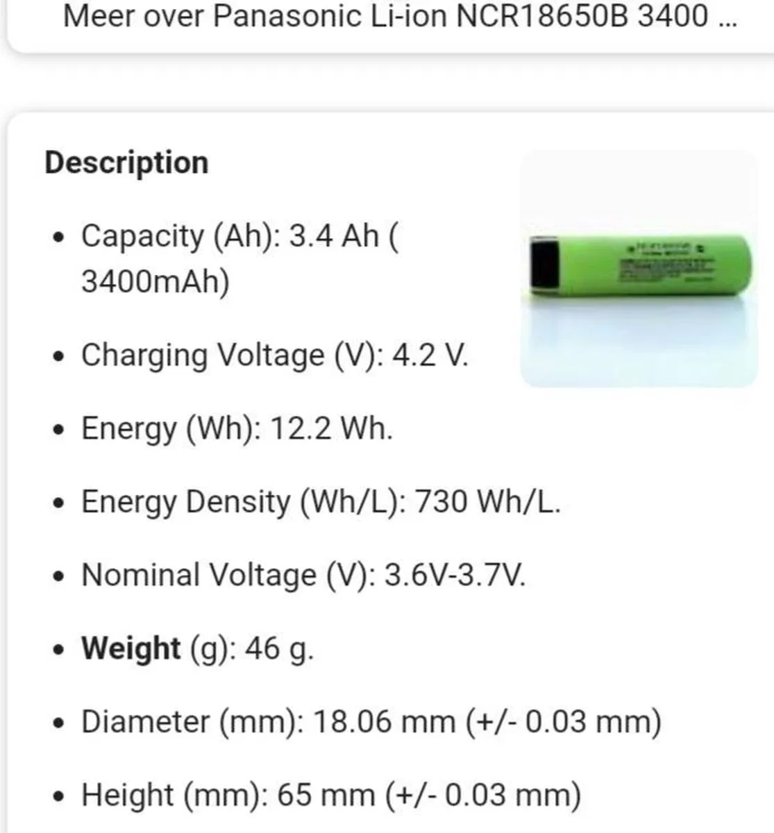 Panasonic NCR18650B Oplaadbare Batterij 3.7V 3400mAh - 10 Stuks