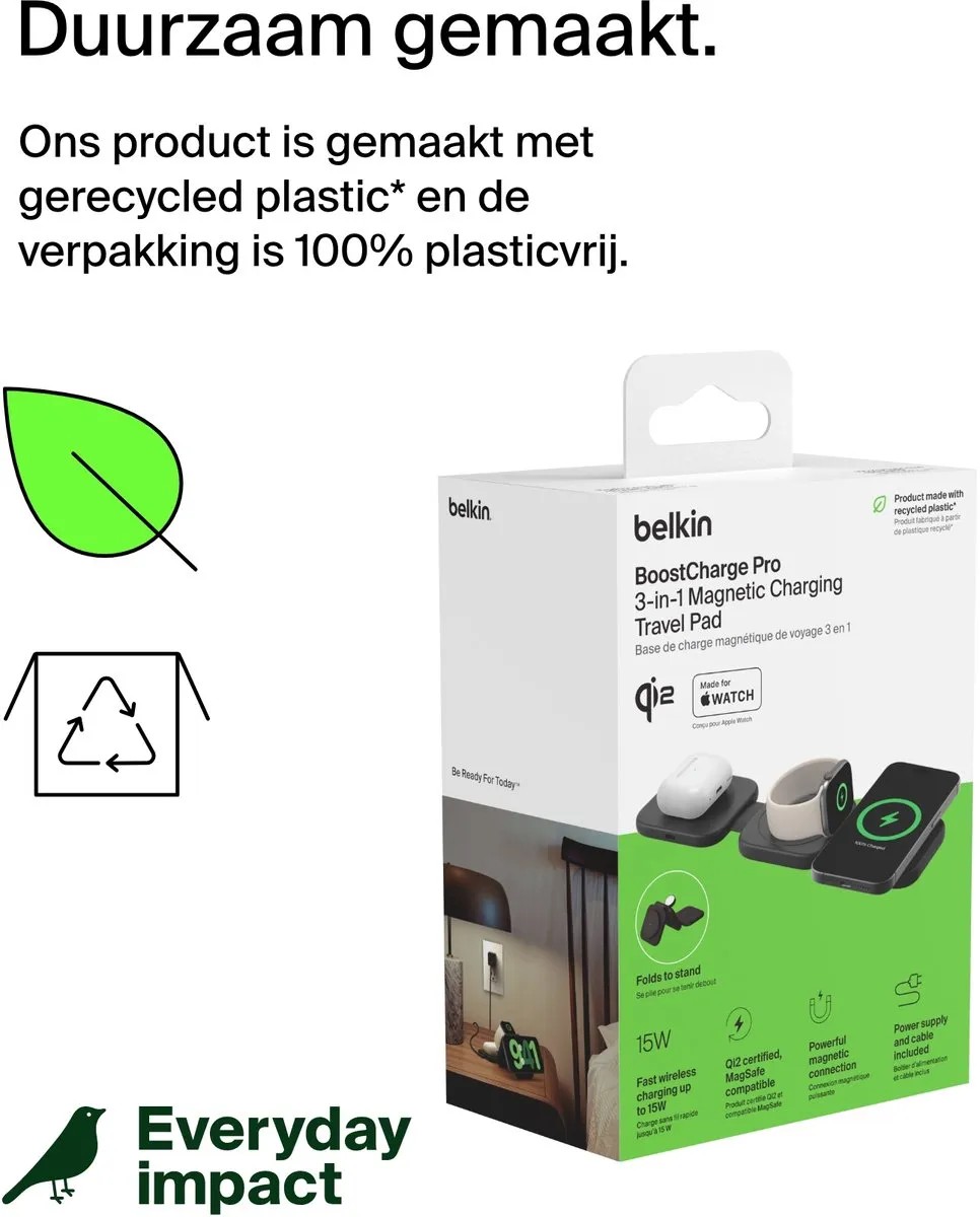 Belkin WIZ024vfBK 3-in-1 Reislaadstation - 15W Qi2 - MagSafe - Zwart