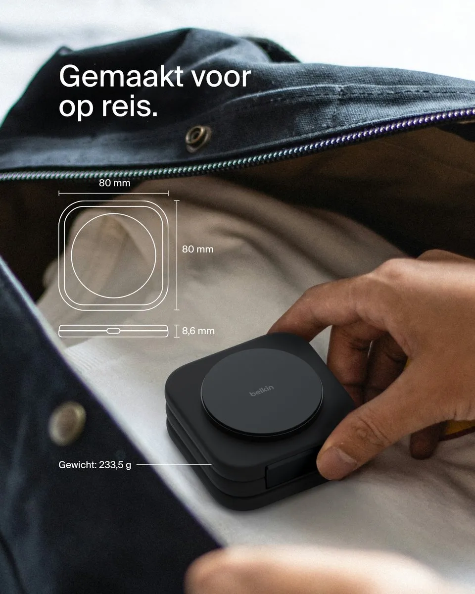Belkin WIZ024vfBK 3-in-1 Reislaadstation - 15W Qi2 - MagSafe - Zwart