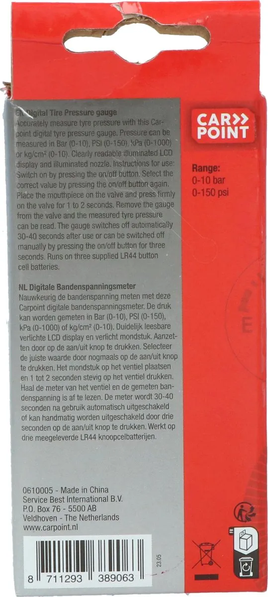 Carpoint Digitale Bandenspanningsmeter - Auto - 5-10 Bar - Zwart