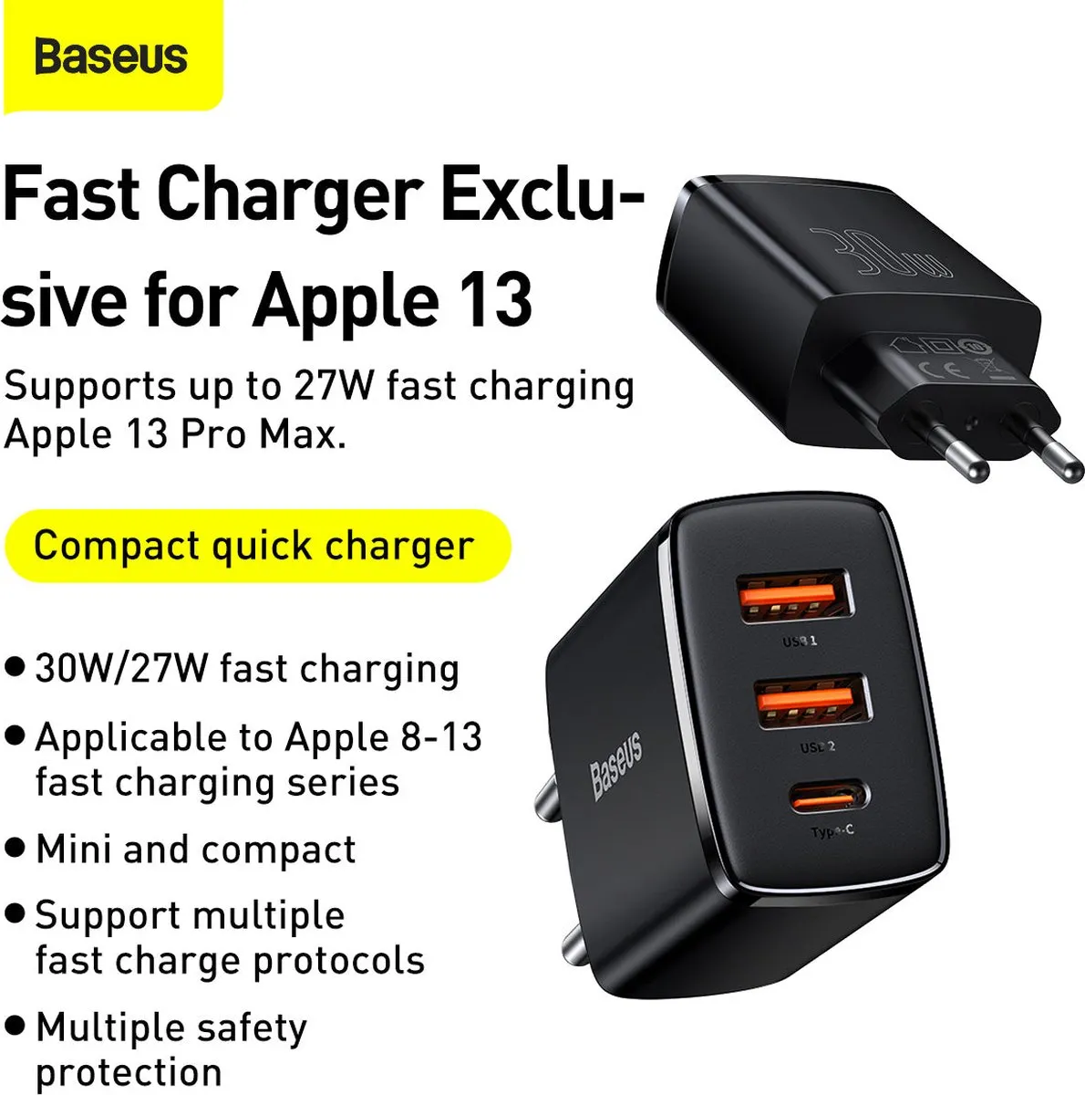 Baseus CCXJ-E01 Compact Oplader 30W - 2x USB-A 1x USB-C - Zwart