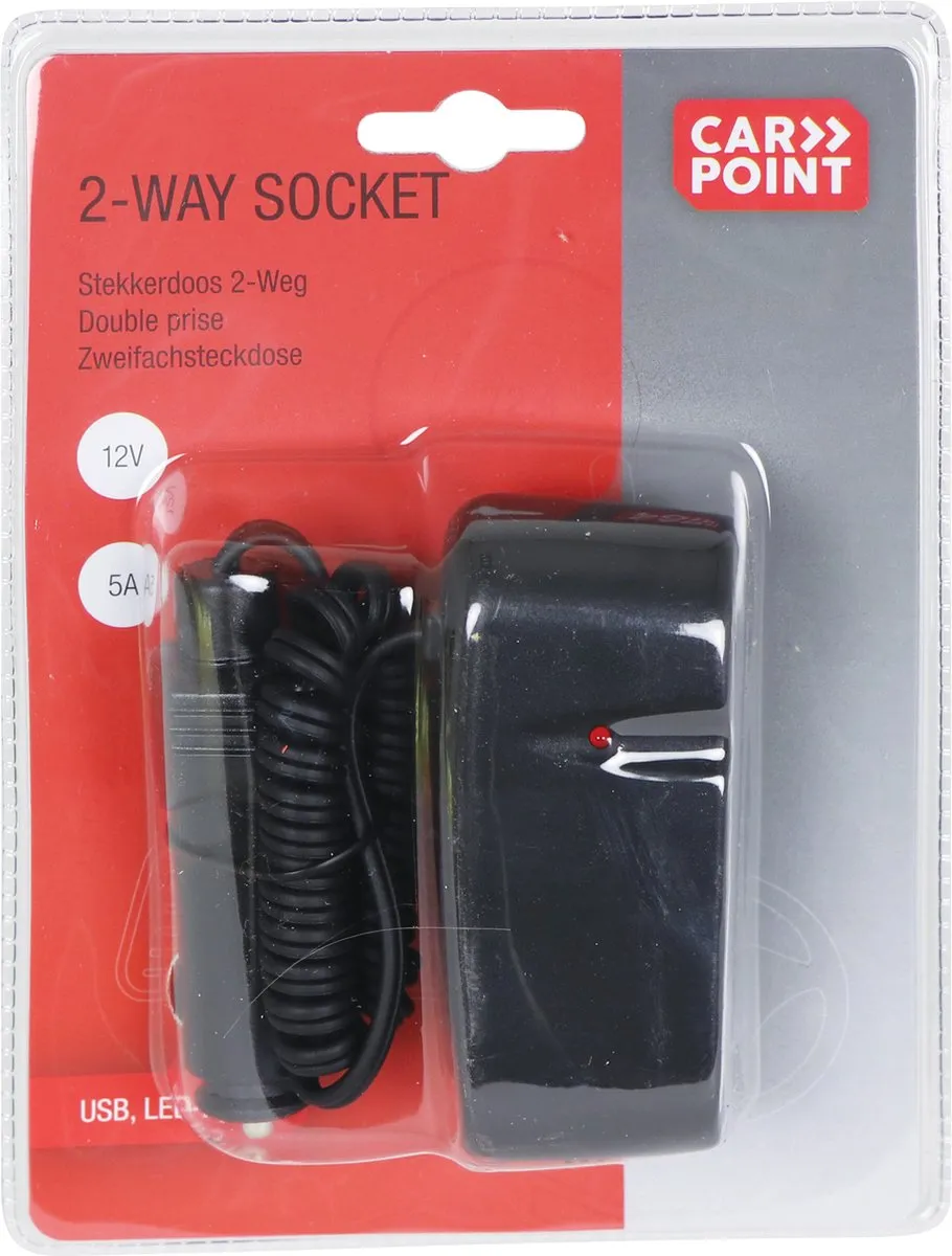 Carpoint 2-Weg Stekkerdoos 12V 5A - USB - Zwart
