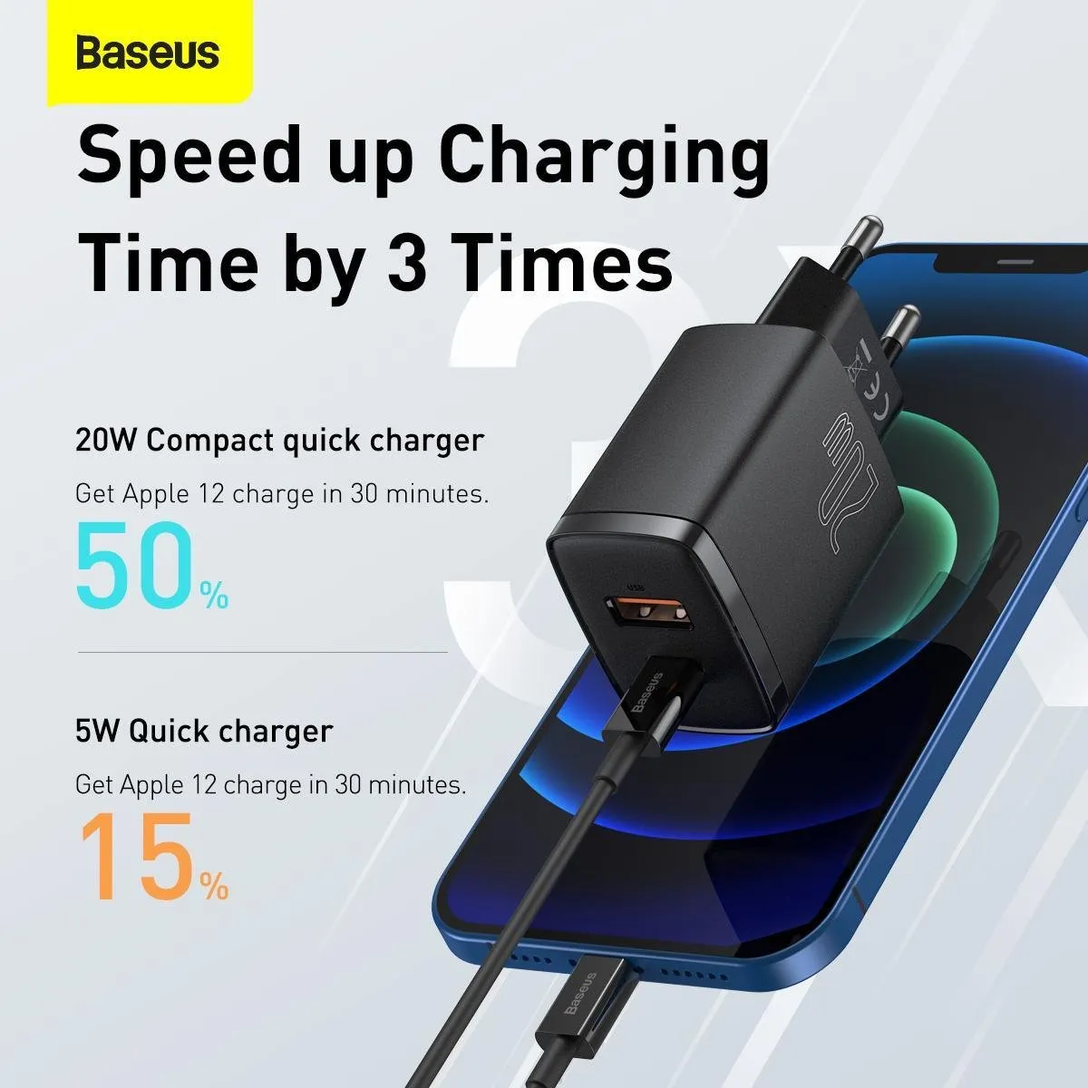 Baseus Compact 20W USB-C & USB-A Oplader - Zwart