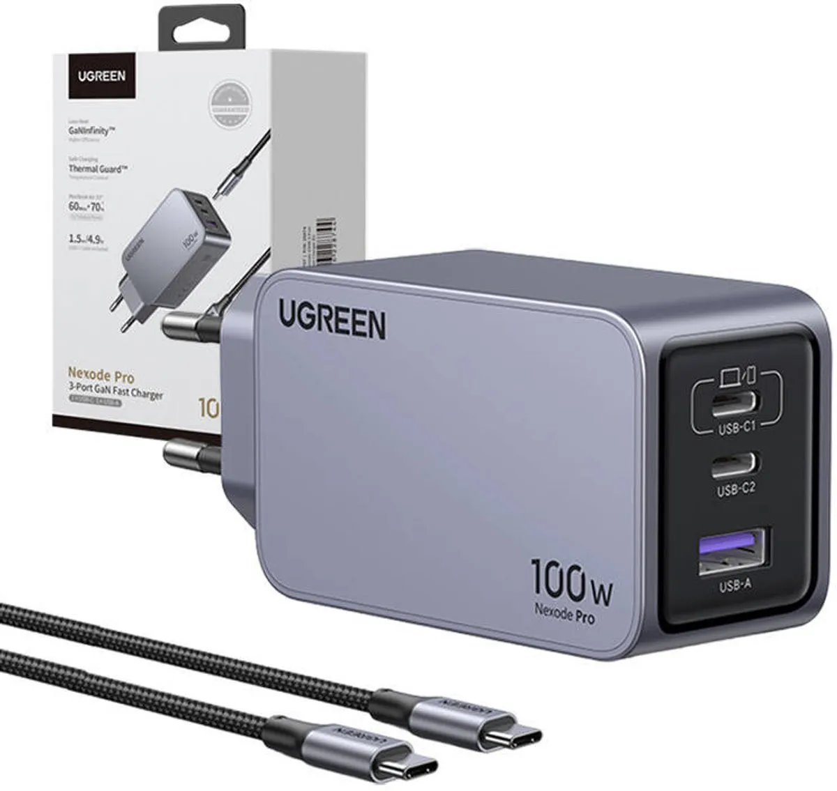Ugreen 100W Gaas Oplader - 2x USB-C - Zwart/Grijs