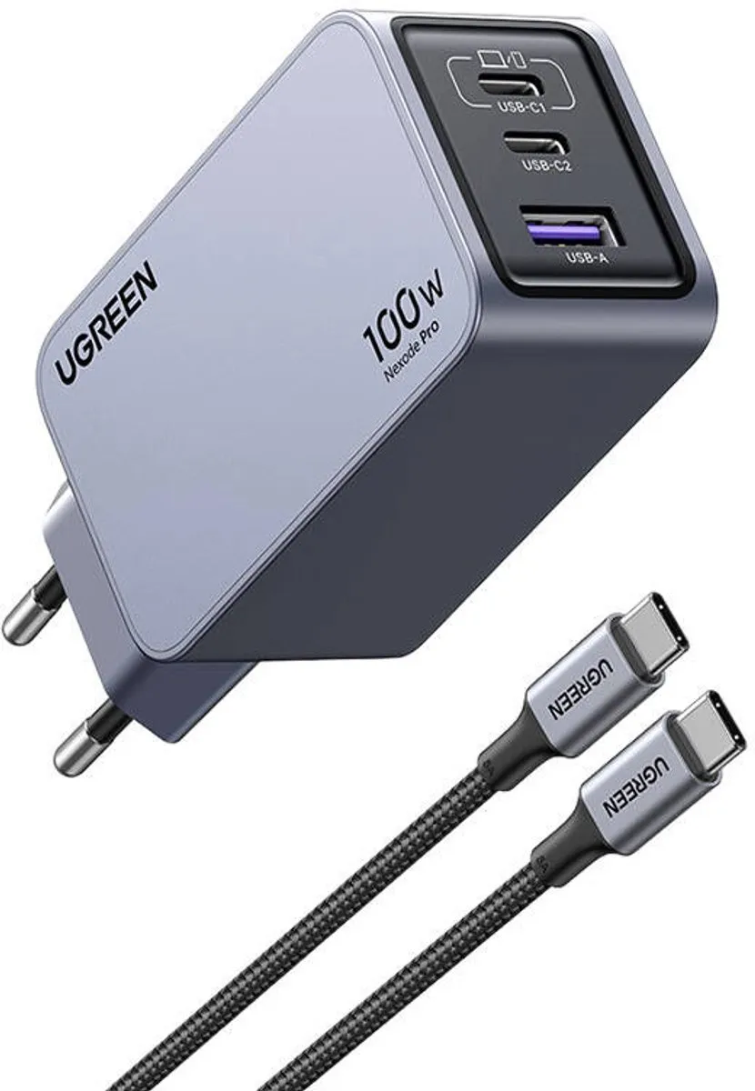 Ugreen 100W Gaas Oplader - 2x USB-C - Zwart/Grijs