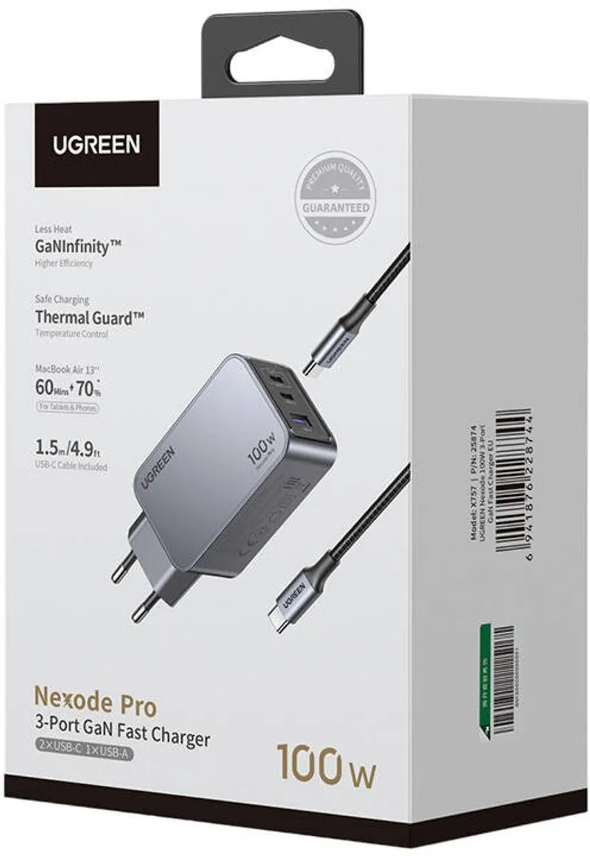 Ugreen 100W Gaas Oplader - 2x USB-C - Zwart/Grijs - afbeelding 6 van 6