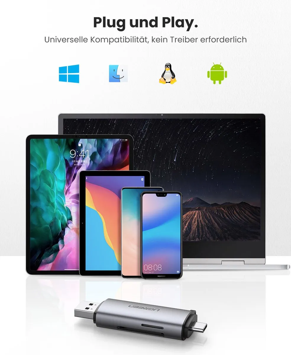 UGREEN 50706 USB-C USB-A Kaartlezer 5Gbps - Zilver
