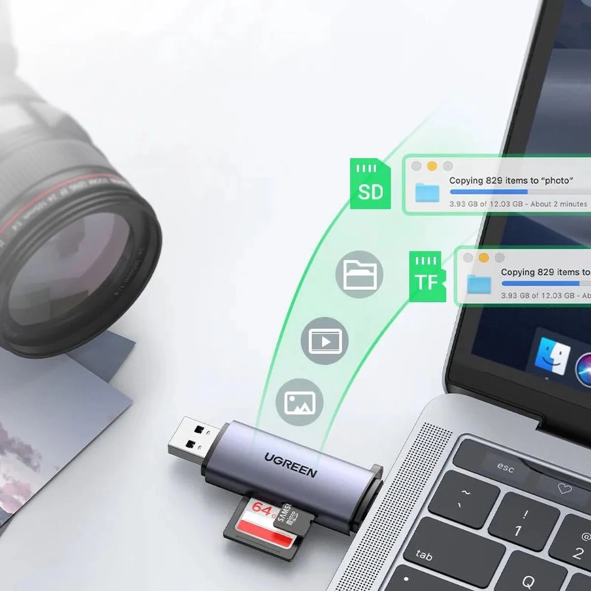 UGREEN 50706 USB-C USB-A Kaartlezer 5Gbps - Zilver