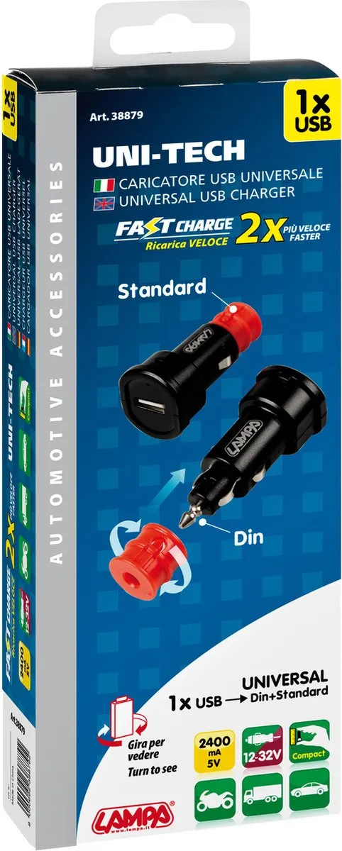 Lampa Auto USB Poort Lader - Fast Charge 2400mA - Zwart