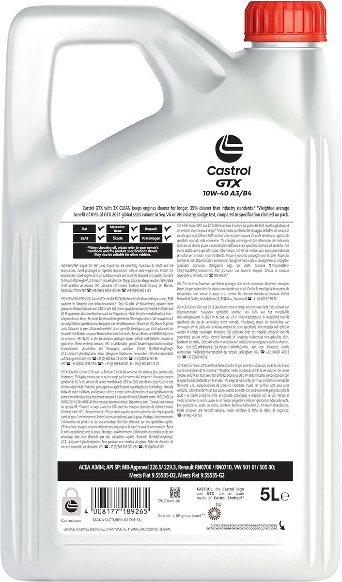 Castrol GTX 10W-40 A3/B4 Motorolie 5L