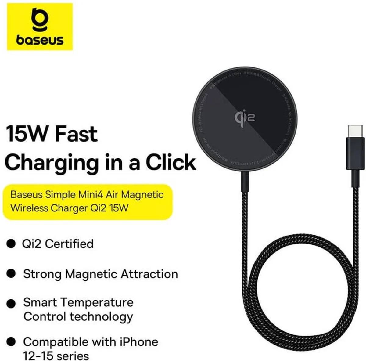 Baseus Simple Mini4 Air Qi2 Draadloze Oplader 15W - Zwart