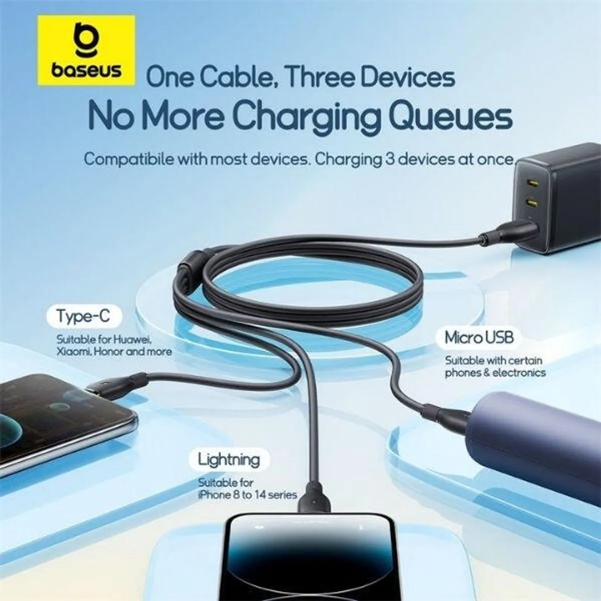 Baseus 3-in-1 USB Kabel Lightning/USB-C/Micro-USB 0.8m - Zwart