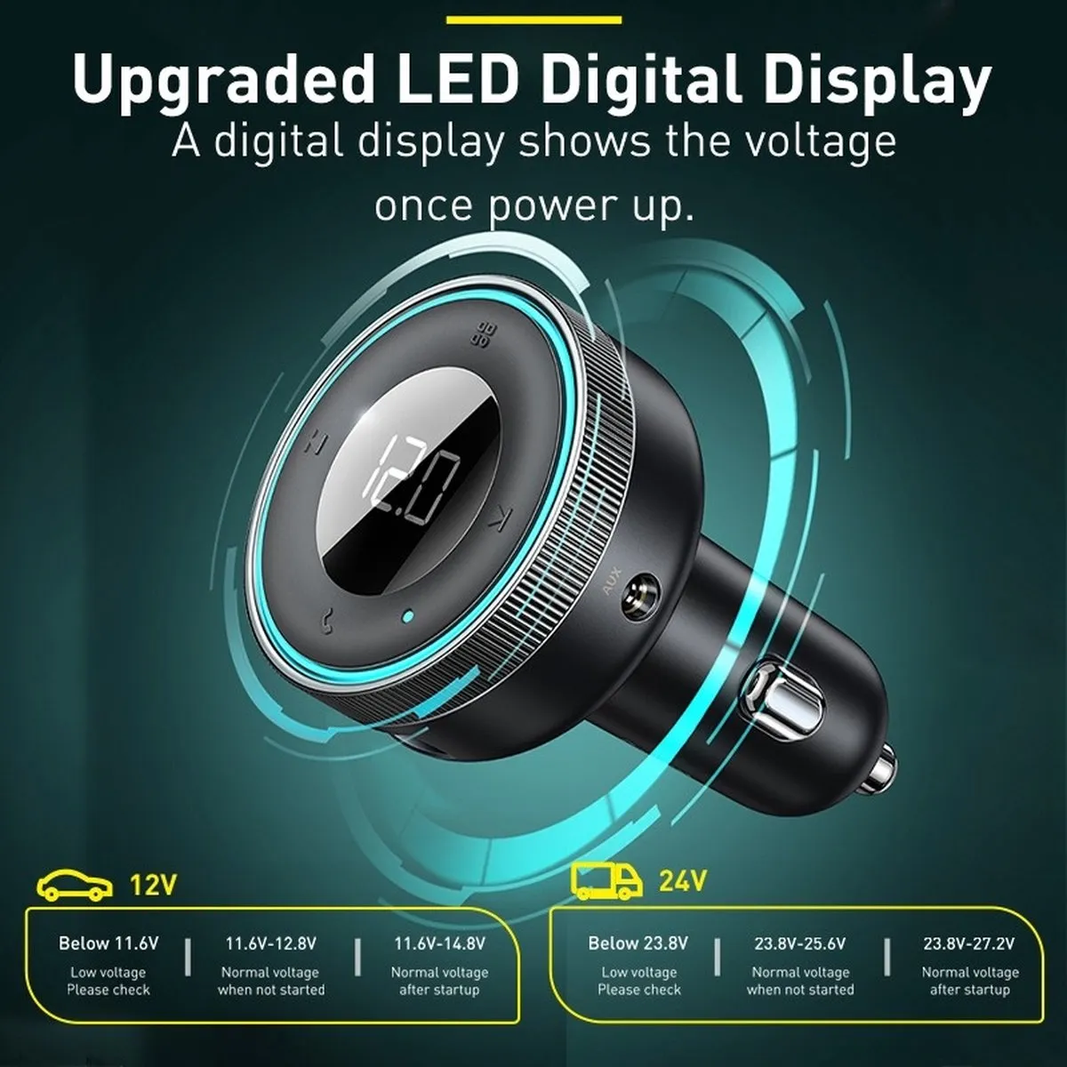 Baseus Enjoy CCLH-01 FM-zender LED-autolader - 2x USB 3,5mm jack - Bluetooth 5.0 - 3,4A - Zwart - afbeelding 6 van 6