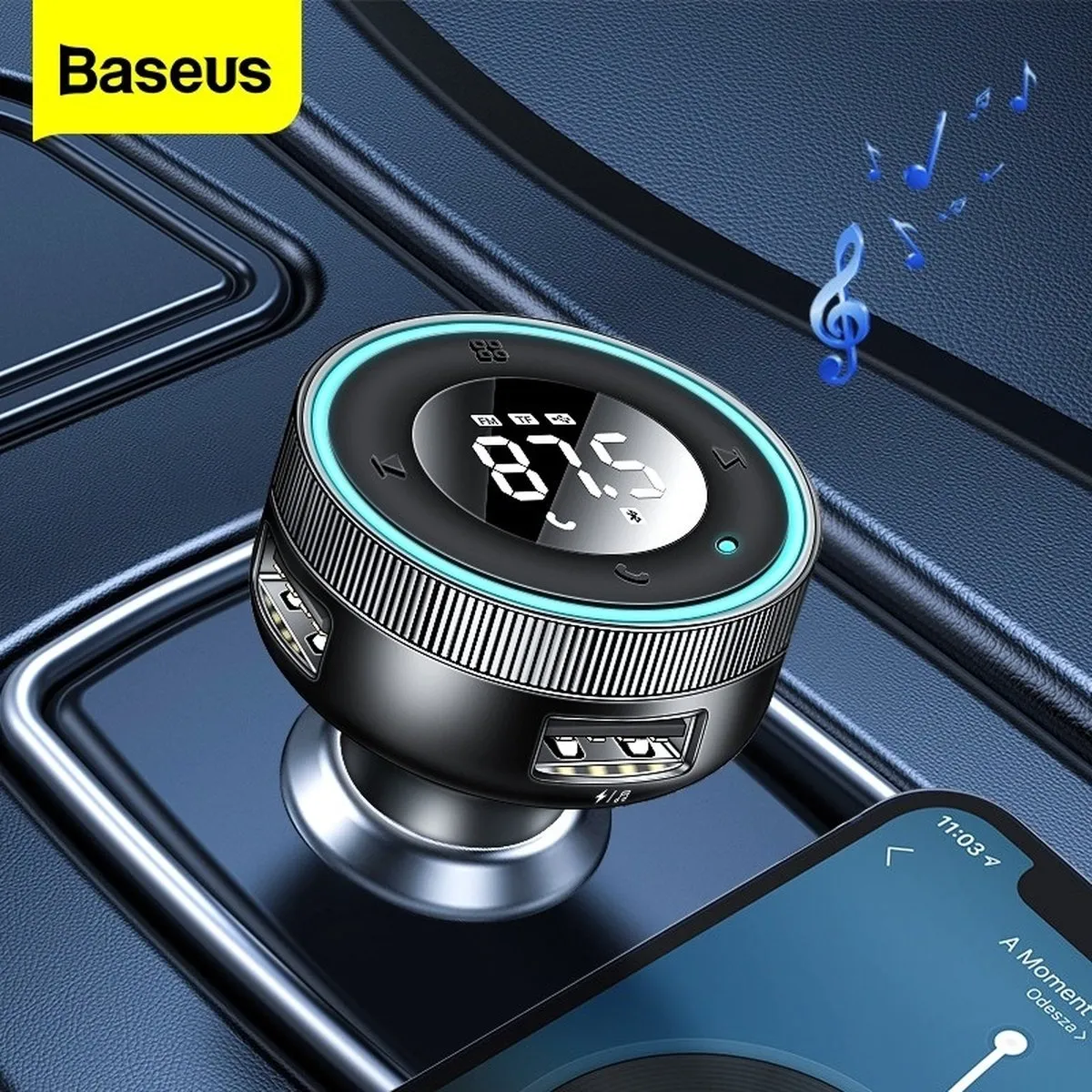 Baseus - Enjoy - FM-zender LED-autolader 2x USB / 3,5 mm jack draadloze MP3-speler Bluetooth 5.0 3.4A zwart - (CCLH-01)