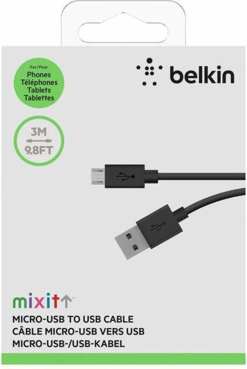 Belkin F2CU012BT3M-BLK Micro-USB naar USB-A Kabel 3m - Zwart