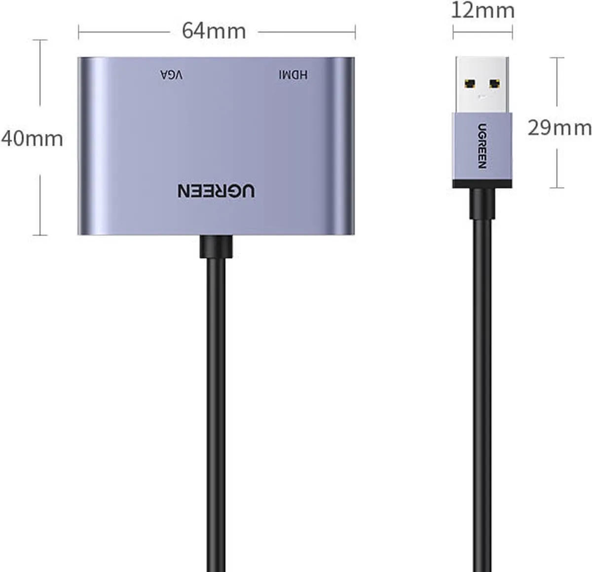 UGREEN CM449 USB naar HDMI/VGA Adapter - Grijs
