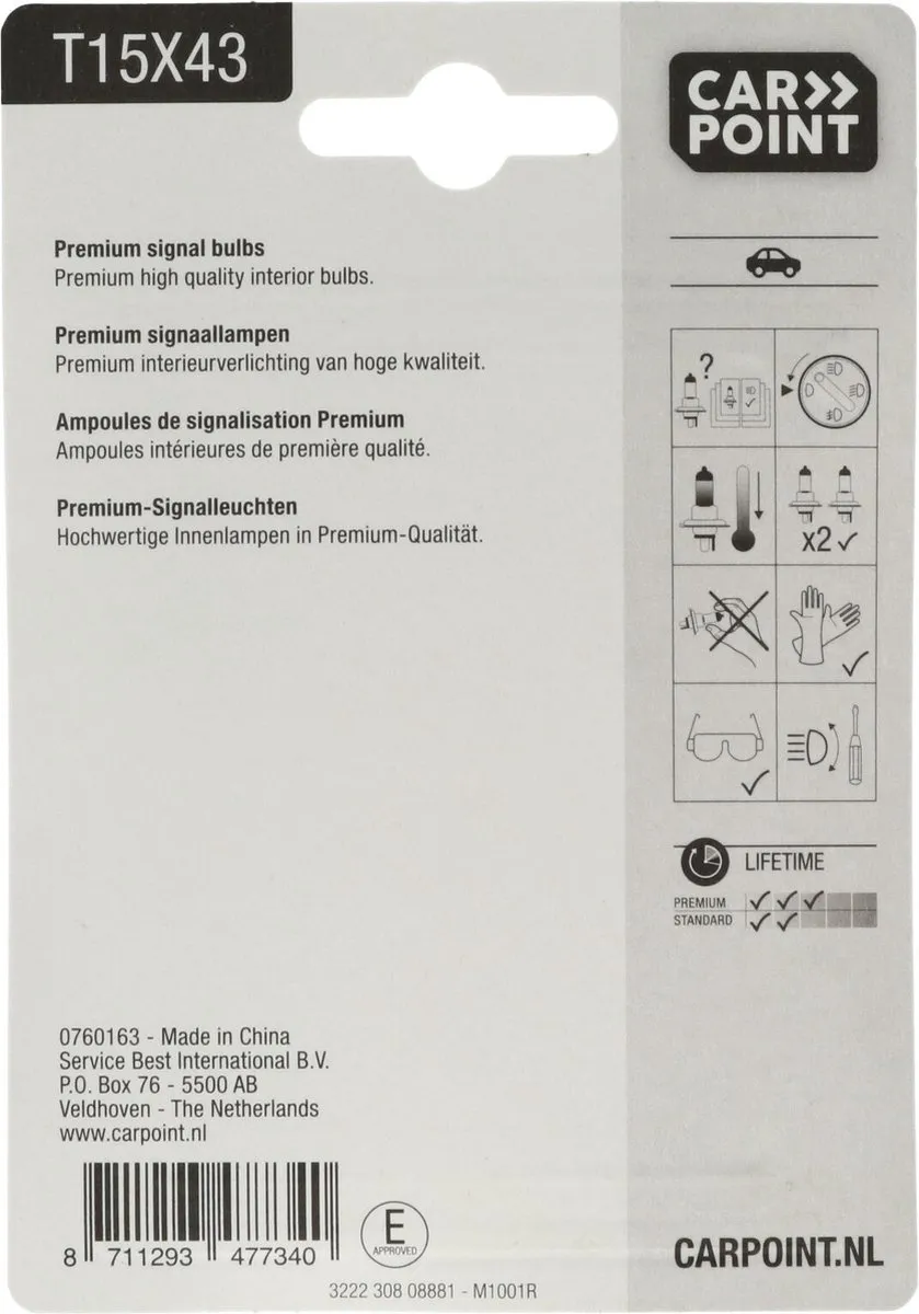 Carpoint Premium Autolampen T15x43 - 2 Stuks - Zilver