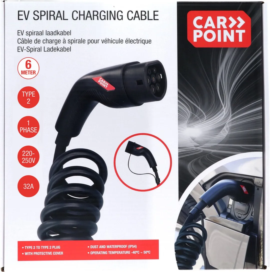 Carpoint Spiraal Laadkabel Type 2 - 32A 7kW 6m - Zwart