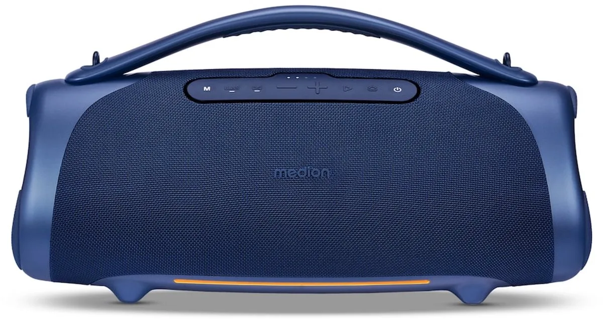 MEDION P61768 draagbare Bluetooth luidspreker (oplaadbare batterij, bass boost, RGB lichteffecten, IPX7 waterbescherming & robuust, geïntegreerde powerbank, 100W (RMS) totaal, 2x 25W + 50W) Blauw