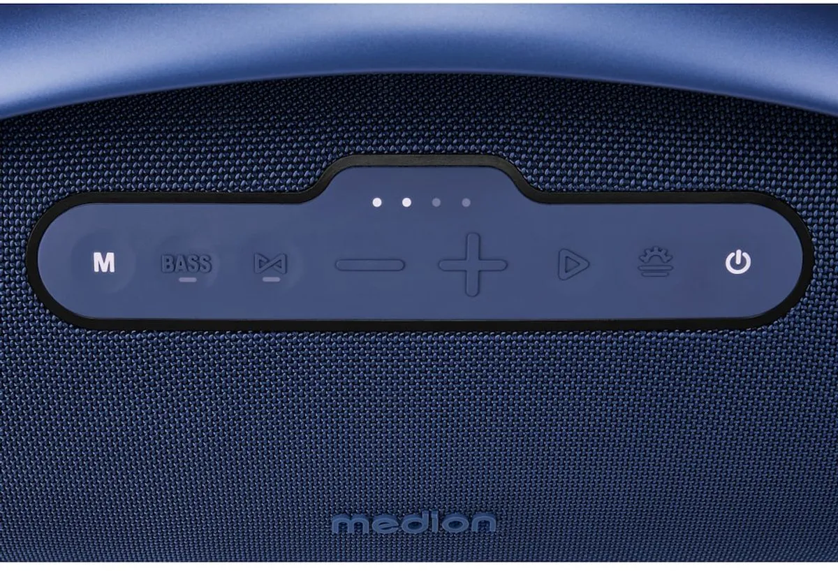 MEDION P61768 draagbare Bluetooth luidspreker (oplaadbare batterij, bass boost, RGB lichteffecten, IPX7 waterbescherming & robuust, geïntegreerde powerbank, 100W (RMS) totaal, 2x 25W + 50W) Blauw