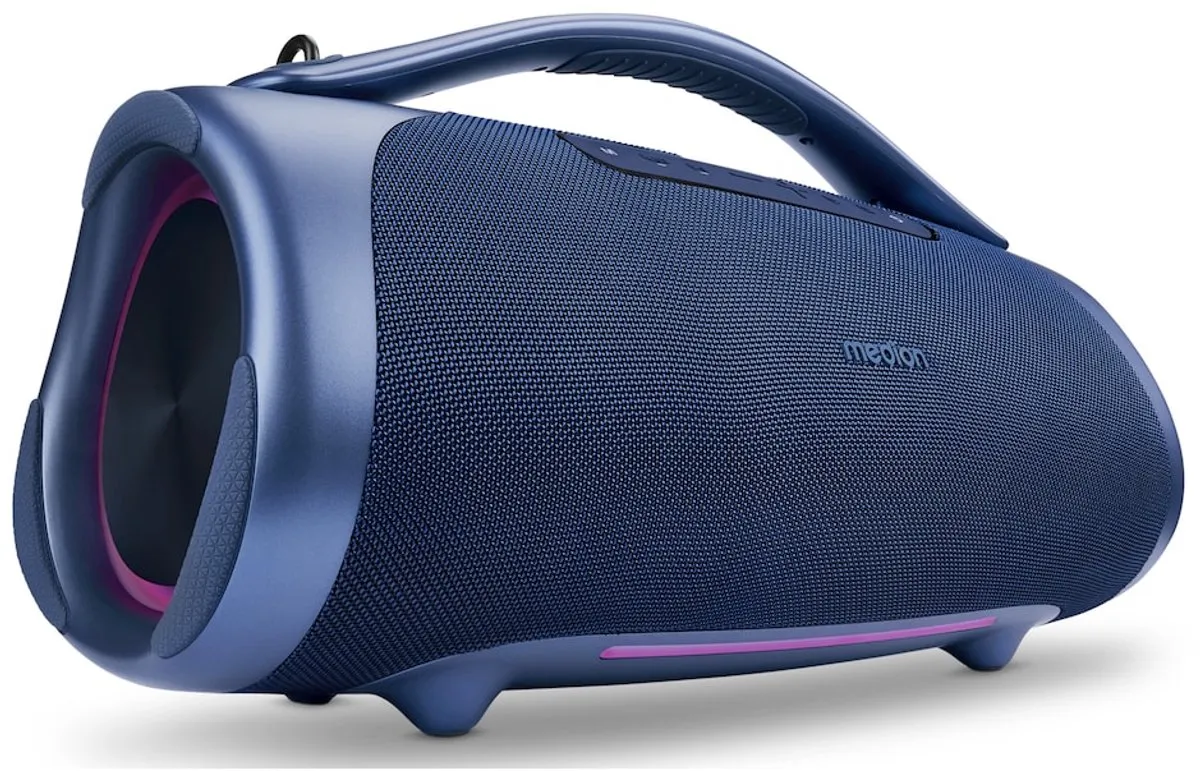 MEDION P61768 draagbare Bluetooth luidspreker (oplaadbare batterij, bass boost, RGB lichteffecten, IPX7 waterbescherming & robuust, geïntegreerde powerbank, 100W (RMS) totaal, 2x 25W + 50W) Blauw