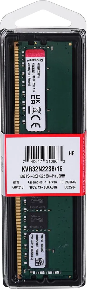 Kingston KVR32N22S8/16 DDR4 Geheugen 16GB 3200MHz