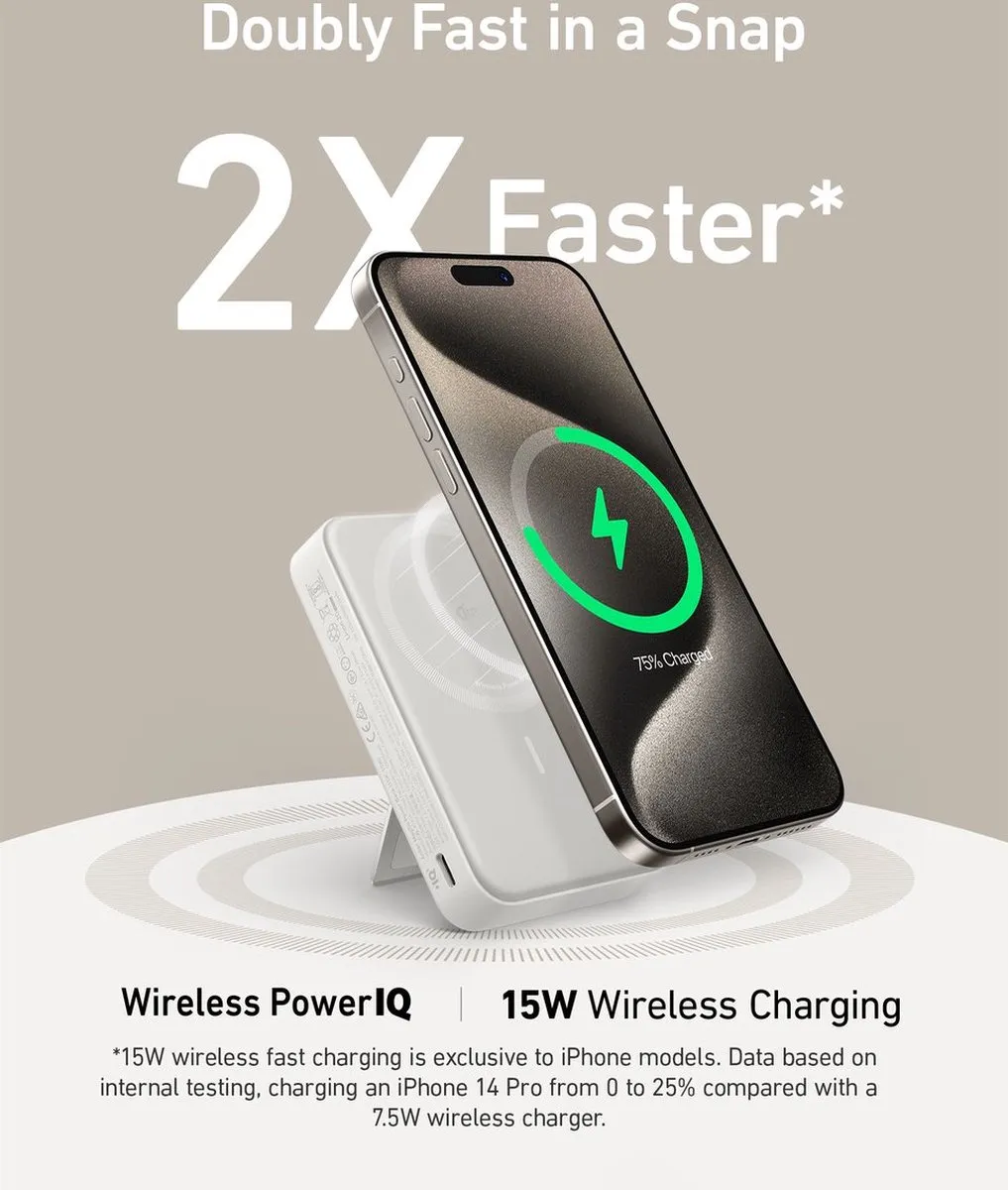 Anker MagGo Power Bank 10.000mAh - 15W Draadloos + 20W Oplader + USB-C Kabel 1,8m - Wit - afbeelding 6 van 6