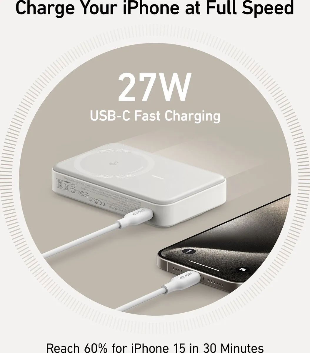 Anker MagGo Power Bank 10.000mAh - 15W Draadloos + 20W Oplader + USB-C Kabel 1,8m - Wit