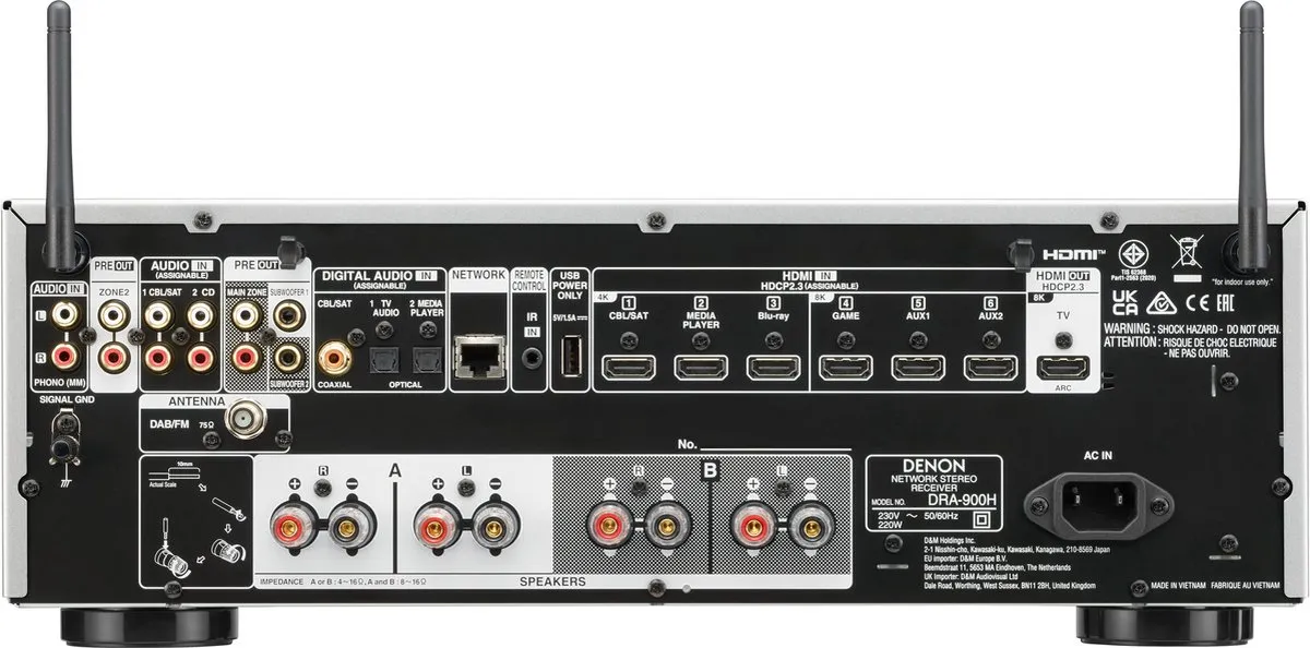 Denon - DRA-900H - AV Amplifier met 2.2 Kanalen, 175 Watt per Kanaal, HEOS® Built-In en Bluetooth - Zwart