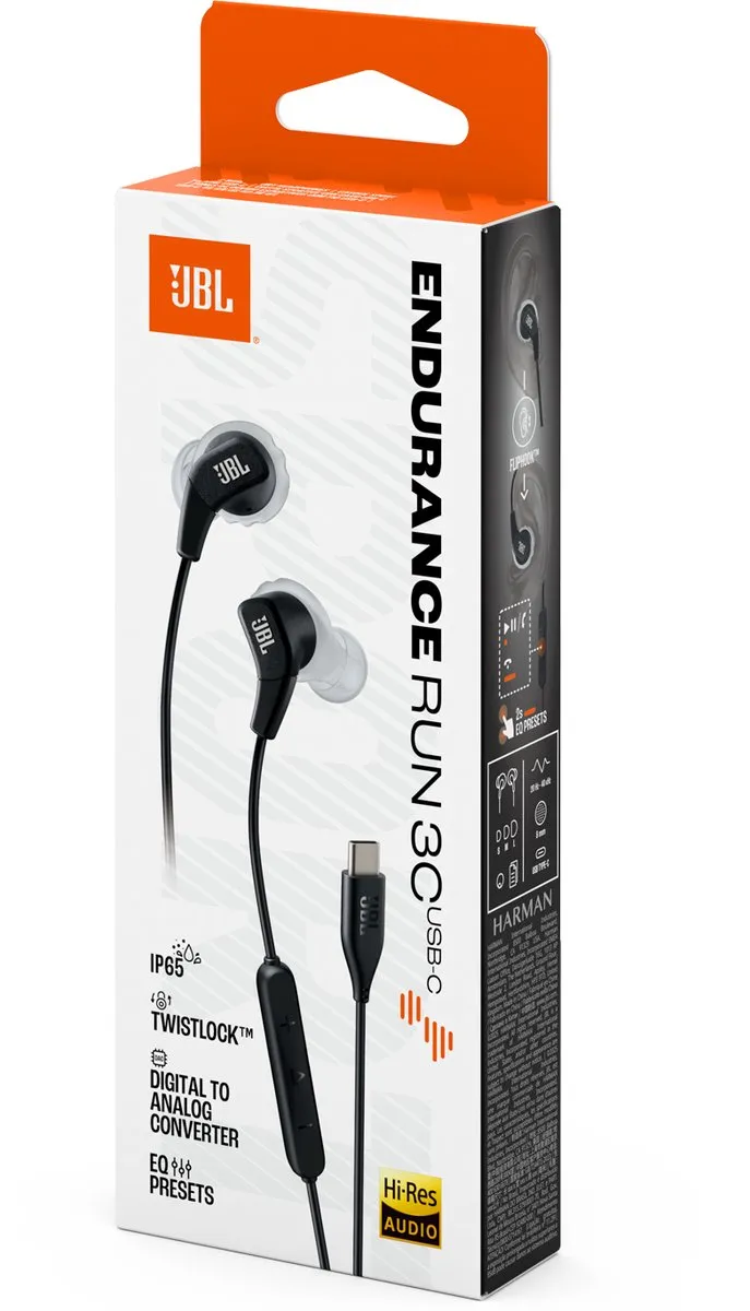 JBL Endurance Run 3 JBLENDURRUN3CBLKG Sportoordopjes - USB-C - IP65 - Zwart
