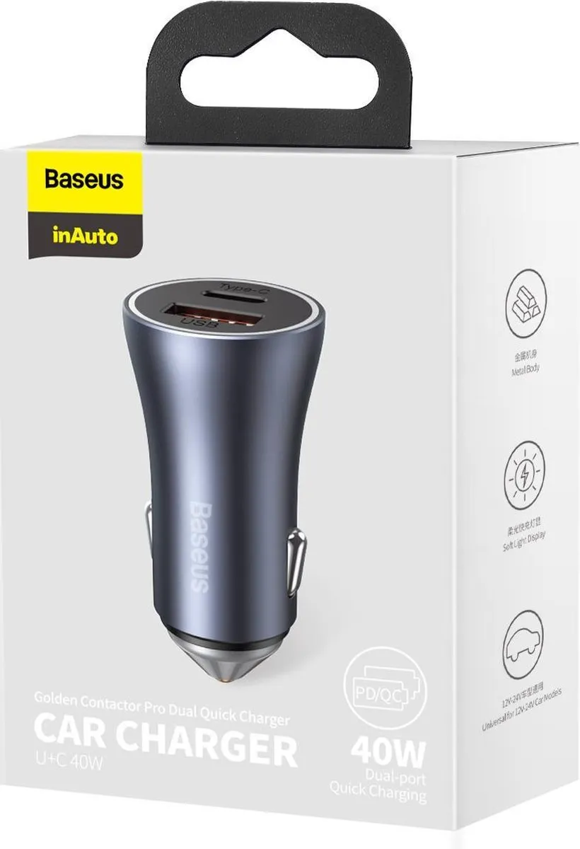 Baseus 40W Autolader USB-C & USB-A 2-in-1 - Grijs - afbeelding 6 van 6