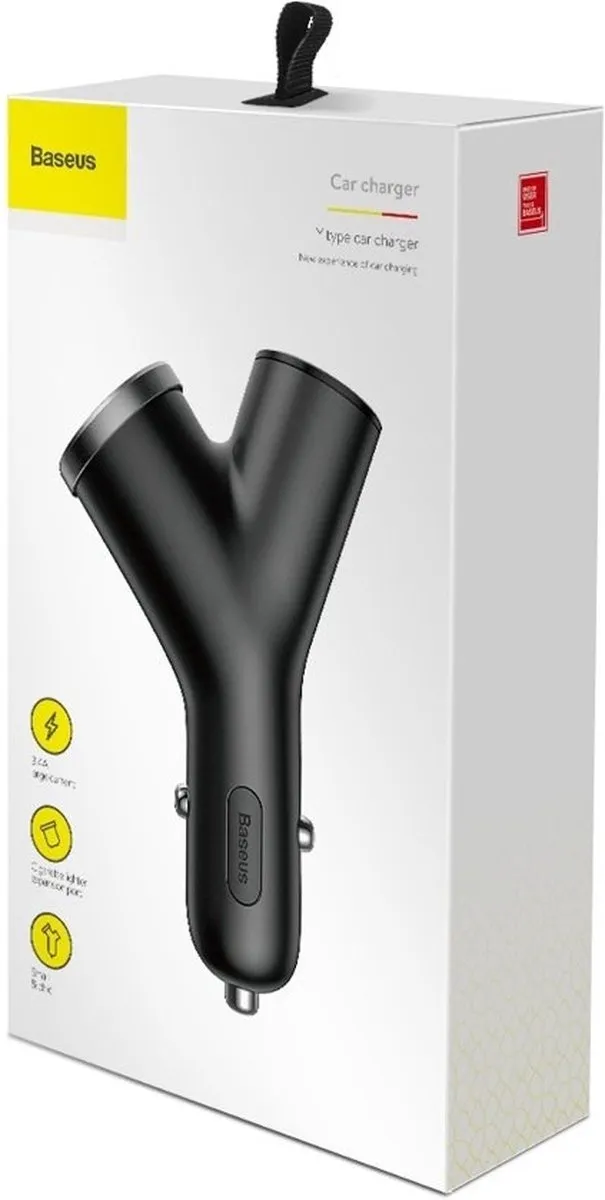 Baseus Y Type Autolader 2x USB Splitter - 20W - Zwart