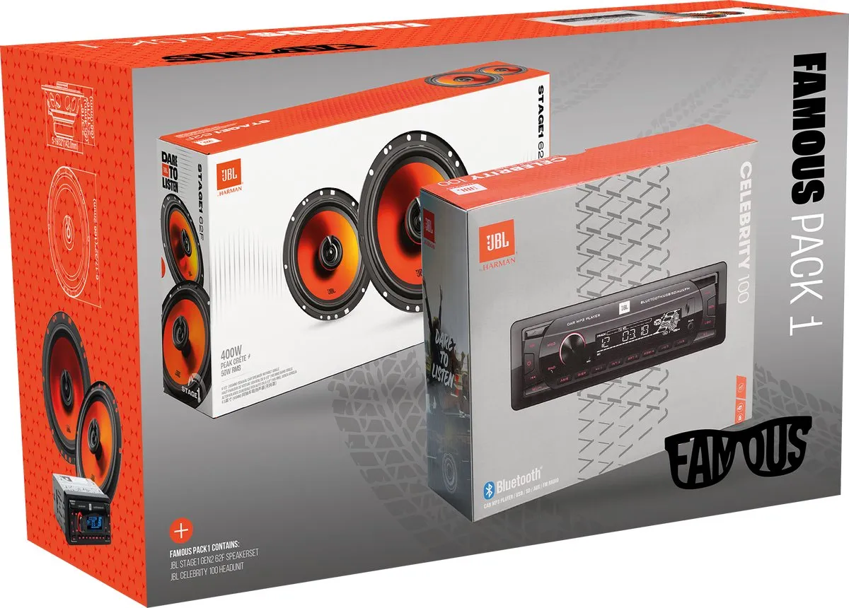 JBL Famous Pack 1 – Autoradio Celebrity100 + Stage1 62F Autospeakers– USB/SD/FM – 4×50 W + 400 W Pieken – Complete Car Audio Upgrade