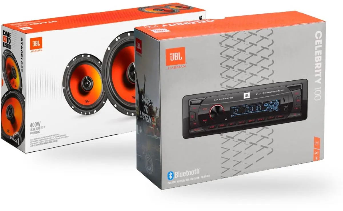 JBL Famous Pack 1 – Autoradio Celebrity100 + Stage1 62F Autospeakers– USB/SD/FM – 4×50 W + 400 W Pieken – Complete Car Audio Upgrade