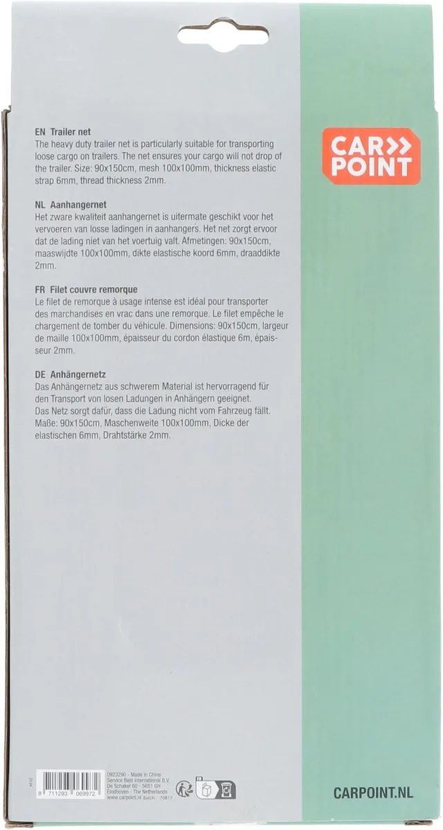 Carpoint Aanhangwagennet 90x150cm - 8 Haken - Zwart
