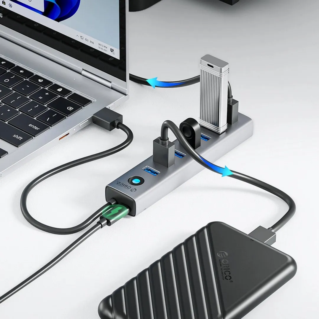 ORICO Hub 7-Poorten USB-A 3.0 & USB-C - 5V/3A - 1m - Transparant - afbeelding 4 van 5