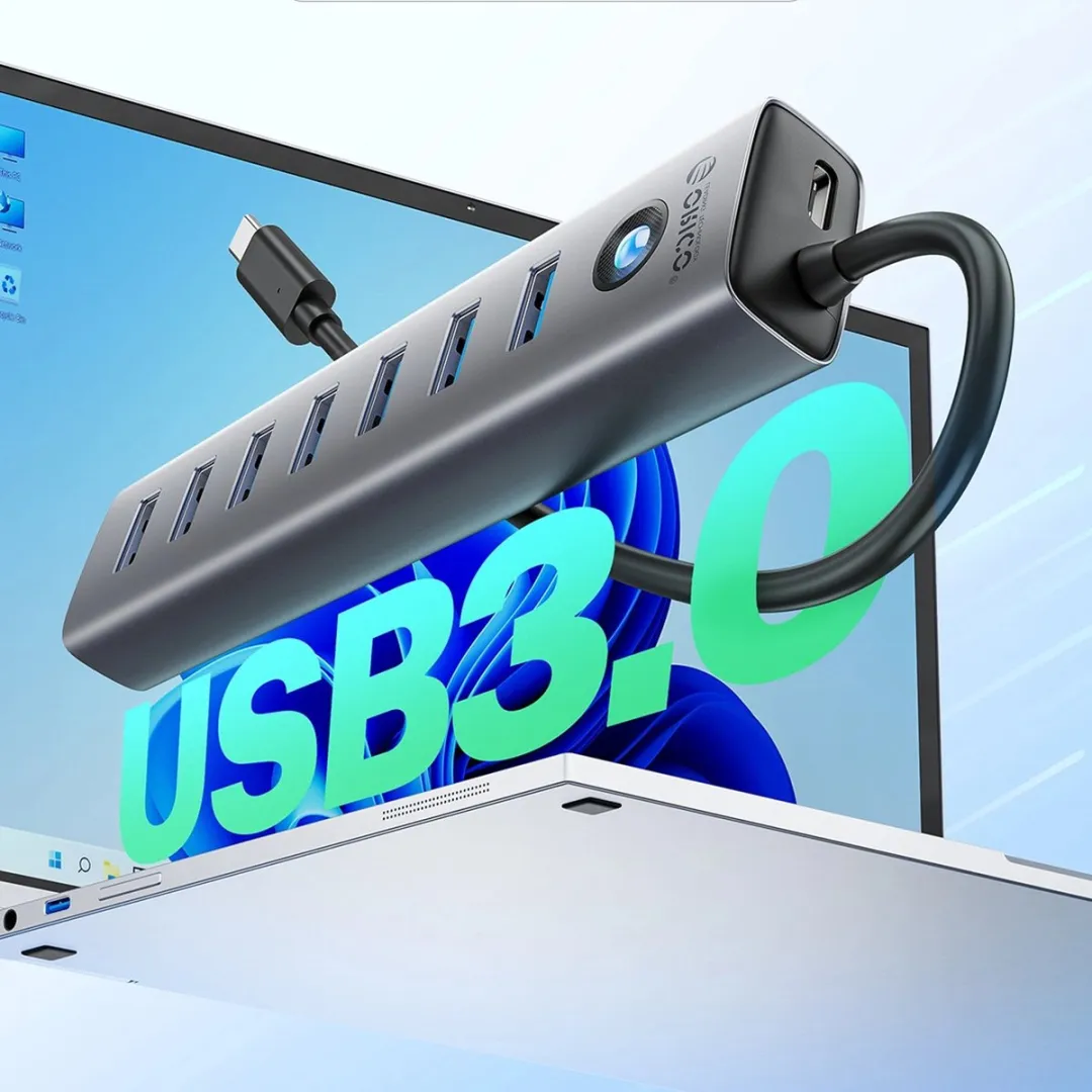 ORICO Hub 7-Poorten USB-A 3.0 & USB-C - 5V/3A - 1m - Transparant - afbeelding 2 van 5