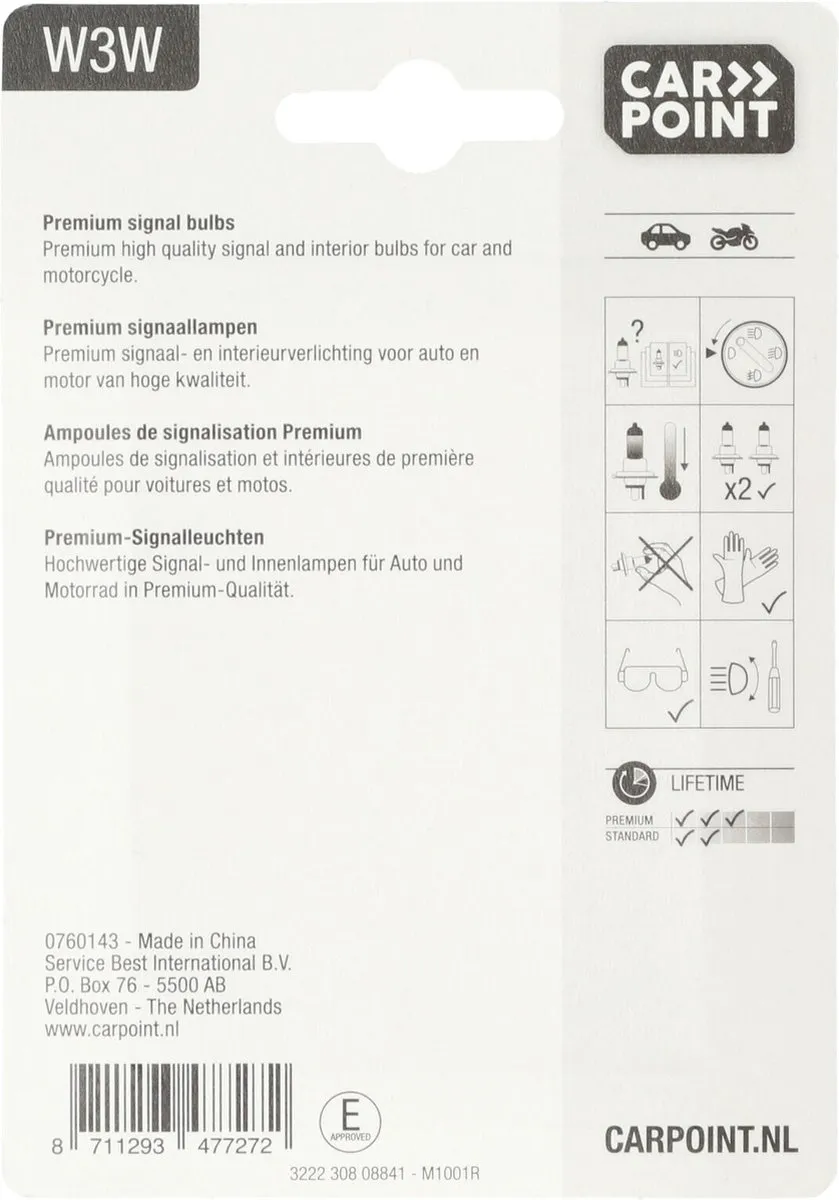 Carpoint Premium W3W Autolampen 12V - 2 Stuks